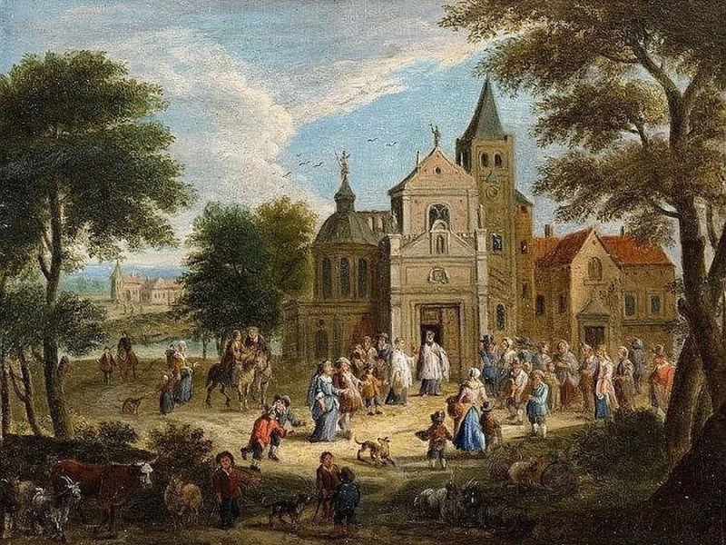 1682-Frans Boudewjins - Veduta di una vivace piazza del villaggio